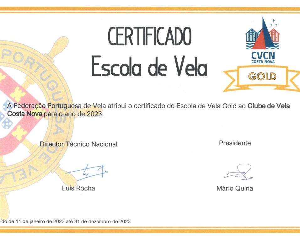 Clube de Vela da Costa Nova é Escola de Vela Gold.